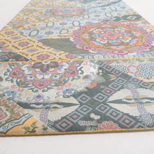 袋帯 西陣織 ながしま帯 証紙付き パステル系 ゴールド系 薄緑色ｘ金色ｘ多色 華文に切嵌文様 六通柄 正絹 仕立て上がり 着物帯 長さ448cm