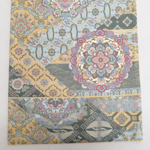 袋帯 西陣織 ながしま帯 証紙付き パステル系 ゴールド系 薄緑色ｘ金色ｘ多色 華文に切嵌文様 六通柄 正絹 仕立て上がり 着物帯 長さ448cm