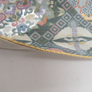 袋帯 西陣織 ながしま帯 証紙付き パステル系 ゴールド系 薄緑色ｘ金色ｘ多色 華文に切嵌文様 六通柄 正絹 仕立て上がり 着物帯 長さ448cm