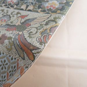 袋帯 西陣織 ながしま帯 証紙付き パステル系 ゴールド系 薄緑色ｘ金色ｘ多色 華文に切嵌文様 六通柄 正絹 仕立て上がり 着物帯 長さ448cm