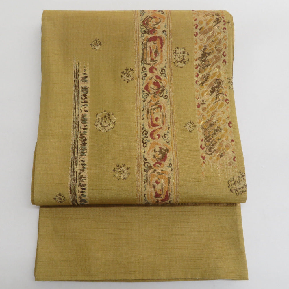 袋帯 辛子色x茶色 金糸 お太鼓柄 エスニック柄 エスニック調 正絹