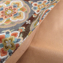 画像をギャラリービューアに読み込む, 袋帯 正絹 総絽刺し 刺繍 金糸 金色ｘ多色 カラフル 華文紋様 全通柄 箱付き 余り布付き 仕立て上がり 着物帯 長さ438cm