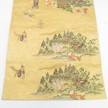画像をギャラリービューアに読み込む, 袋帯 金糸 ゴールド系 刺繍入り 本金箔 奥の細道絵紋 金泥箔 金色ｘ緑色ｘ多色 箱付き 六通柄 正絹 仕立て上がり 長さ432cm