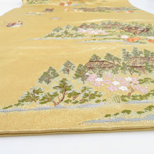 画像をギャラリービューアに読み込む, 袋帯 金糸 ゴールド系 刺繍入り 本金箔 奥の細道絵紋 金泥箔 金色ｘ緑色ｘ多色 箱付き 六通柄 正絹 仕立て上がり 長さ432cm