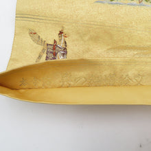 画像をギャラリービューアに読み込む, 袋帯 金糸 ゴールド系 刺繍入り 本金箔 奥の細道絵紋 金泥箔 金色ｘ緑色ｘ多色 箱付き 六通柄 正絹 仕立て上がり 長さ432cm