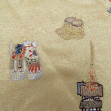 画像をギャラリービューアに読み込む, 袋帯 金糸 ゴールド系 刺繍入り 本金箔 奥の細道絵紋 金泥箔 金色ｘ緑色ｘ多色 箱付き 六通柄 正絹 仕立て上がり 長さ432cm