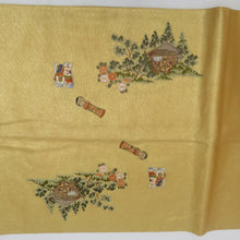画像をギャラリービューアに読み込む, 袋帯 金糸 ゴールド系 刺繍入り 本金箔 奥の細道絵紋 金泥箔 金色ｘ緑色ｘ多色 箱付き 六通柄 正絹 仕立て上がり 長さ432cm