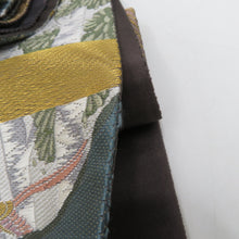 画像をギャラリービューアに読み込む, 袋帯 西陣織 未仕立て 金糸銀糸 切嵌紋様 緑色ｘ金色ｘピンク色 パステル系 証紙付き 刺繍入り 箱付き 六通柄 正絹 仕立て上がり 長さ456cm