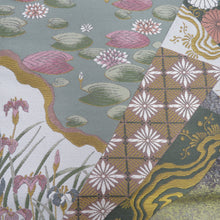 画像をギャラリービューアに読み込む, 袋帯 西陣織 未仕立て 金糸銀糸 切嵌紋様 緑色ｘ金色ｘピンク色 パステル系 証紙付き 刺繍入り 箱付き 六通柄 正絹 仕立て上がり 長さ456cm