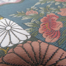 画像をギャラリービューアに読み込む, 袋帯 西陣織 未仕立て 金糸銀糸 切嵌紋様 緑色ｘ金色ｘピンク色 パステル系 証紙付き 刺繍入り 箱付き 六通柄 正絹 仕立て上がり 長さ456cm