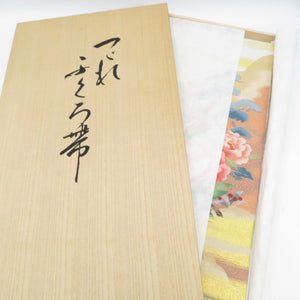 袋帯 本綴れ 金糸銀糸 花に松紋様 ピンク色x緑色x銀色x多色 箱付き