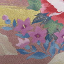 画像をギャラリービューアに読み込む, 袋帯 本綴れ 金糸銀糸 花に松紋様 ピンク色ｘ緑色ｘ銀色ｘ多色 箱付き お太鼓柄 正絹 仕立て上がり 長さ432cm