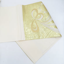 画像をギャラリービューアに読み込む, 袋帯 振袖用 金糸銀糸 リボン紋様 金色ｘ白色ｘ銀色 六通柄 正絹 仕立て上がり 着物帯 長さ464cm