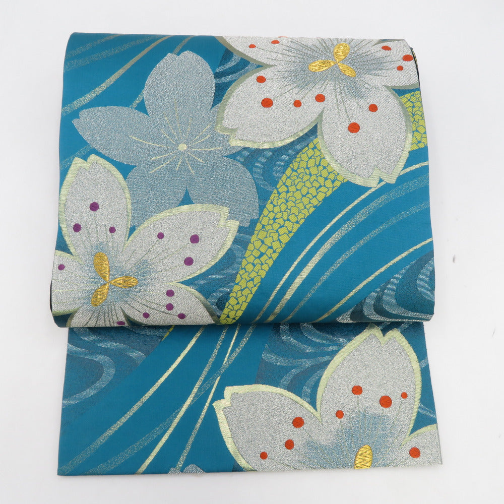 振袖&袋帯 袋帯 振袖用 金糸 ターコイズブルーx金色 桜紋様 全通柄 正絹 仕立て