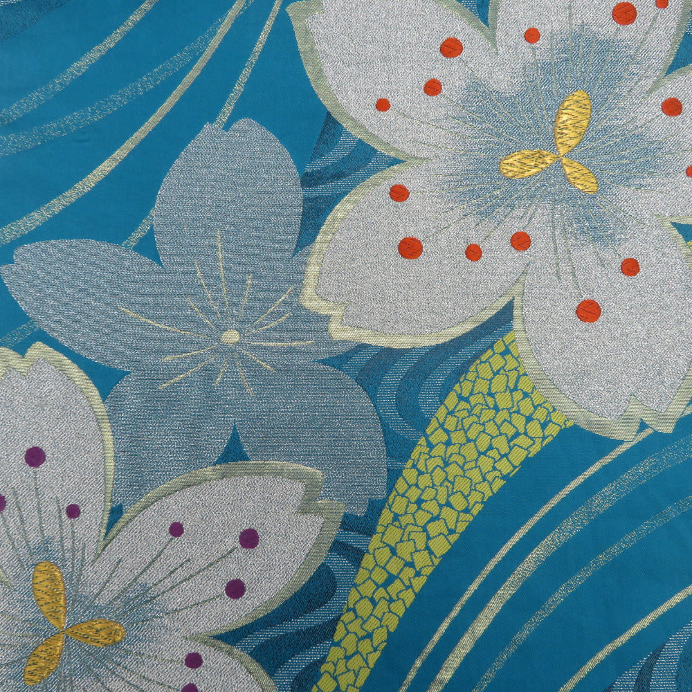 袋帯 振袖用 金糸 ターコイズブルーx金色 桜紋様 全通柄 正絹 仕立て