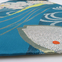 画像をギャラリービューアに読み込む, 袋帯 振袖用 金糸 ターコイズブルーｘ金色 桜紋様 全通柄 正絹 仕立て上がり 着物帯 長さ440cm