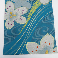画像をギャラリービューアに読み込む, 袋帯 振袖用 金糸 ターコイズブルーｘ金色 桜紋様 全通柄 正絹 仕立て上がり 着物帯 長さ440cm