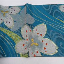 画像をギャラリービューアに読み込む, 袋帯 振袖用 金糸 ターコイズブルーｘ金色 桜紋様 全通柄 正絹 仕立て上がり 着物帯 長さ440cm