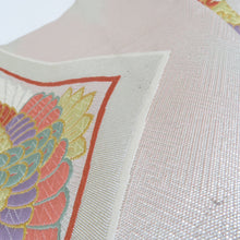画像をギャラリービューアに読み込む, 袋帯 振袖用 銀糸金糸 シルバー系 銀色ｘピンク色ｘ多色 向い鶴紋様 六通柄 正絹 仕立て上がり 着物帯 長さ440cm