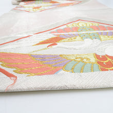 画像をギャラリービューアに読み込む, 袋帯 振袖用 銀糸金糸 シルバー系 銀色ｘピンク色ｘ多色 向い鶴紋様 六通柄 正絹 仕立て上がり 着物帯 長さ440cm