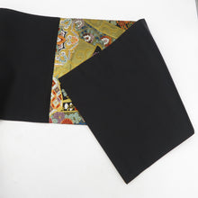 画像をギャラリービューアに読み込む, 袋帯 振袖用 黒地ｘゴールド系 黒色ｘ金色ｘ多色 金糸 カラフル 熨斗に華紋 六通柄 正絹 仕立て上がり 着物帯 長さ440cm