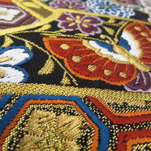 画像をギャラリービューアに読み込む, 袋帯 振袖用 黒地ｘゴールド系 黒色ｘ金色ｘ多色 金糸 カラフル 熨斗に華紋 六通柄 正絹 仕立て上がり 着物帯 長さ440cm