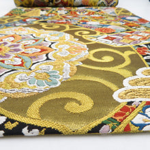 画像をギャラリービューアに読み込む, 袋帯 振袖用 黒地ｘゴールド系 黒色ｘ金色ｘ多色 金糸 カラフル 熨斗に華紋 六通柄 正絹 仕立て上がり 着物帯 長さ440cm