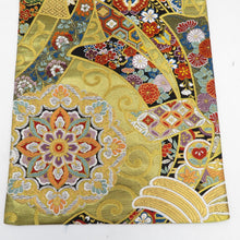 画像をギャラリービューアに読み込む, 袋帯 振袖用 黒地ｘゴールド系 黒色ｘ金色ｘ多色 金糸 カラフル 熨斗に華紋 六通柄 正絹 仕立て上がり 着物帯 長さ440cm