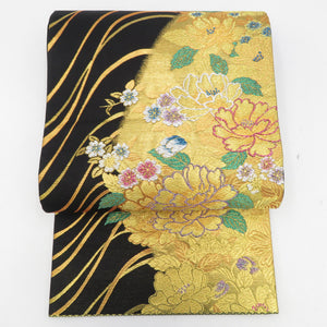 袋帯 振袖用 ゴールド系 黒地 黒色x金色x多色 波に花々紋様 六通柄
