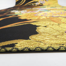 画像をギャラリービューアに読み込む, 袋帯 振袖用 ゴールド系 黒地 黒色ｘ金色ｘ多色 波に花々紋様 六通柄 正絹 仕立て上がり 着物帯 長さ440cm
