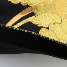 画像をギャラリービューアに読み込む, 袋帯 振袖用 ゴールド系 黒地 黒色ｘ金色ｘ多色 波に花々紋様 六通柄 正絹 仕立て上がり 着物帯 長さ440cm