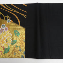 画像をギャラリービューアに読み込む, 袋帯 振袖用 ゴールド系 黒地 黒色ｘ金色ｘ多色 波に花々紋様 六通柄 正絹 仕立て上がり 着物帯 長さ440cm