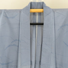 画像をギャラリービューアに読み込む, 紬 着物 夏紬 正絹 青色x白色 単衣 雪輪芝草模様 バチ衿 カジュアル着物 仕立て上がり 身丈150.5cm