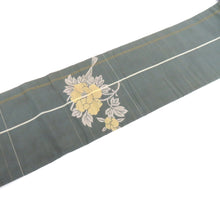 画像をギャラリービューアに読み込む, 名古屋帯 アンティーク帯 昔名古屋帯 渋緑×白クリーム茶 縞 扇・花蝶柄 昔帯 レトロモダン 明治・大正ロマン 正絹 長さ341.3cm