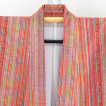 画像をギャラリービューアに読み込む, 紬 着物 オレンジ色ｘ緑色ｘ多色 縦縞に幾何学模様 カラフル エスニック調 袷 バチ衿 正絹 カジュアル 仕立て上がり 身丈158cm