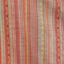 画像をギャラリービューアに読み込む, 紬 着物 オレンジ色ｘ緑色ｘ多色 縦縞に幾何学模様 カラフル エスニック調 袷 バチ衿 正絹 カジュアル 仕立て上がり 身丈158cm
