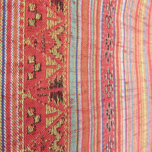 画像をギャラリービューアに読み込む, 紬 着物 オレンジ色ｘ緑色ｘ多色 縦縞に幾何学模様 カラフル エスニック調 袷 バチ衿 正絹 カジュアル 仕立て上がり 身丈158cm