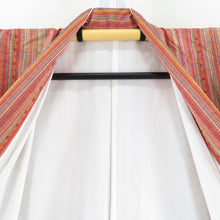 画像をギャラリービューアに読み込む, 紬 着物 オレンジ色ｘ緑色ｘ多色 縦縞に幾何学模様 カラフル エスニック調 袷 バチ衿 正絹 カジュアル 仕立て上がり 身丈158cm