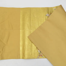 画像をギャラリービューアに読み込む, 袋帯 金糸 ゴールド系 ながしま帯 童子に四季花紋様 金色ｘ多色 六通柄 正絹 仕立て上がり 長さ448cm