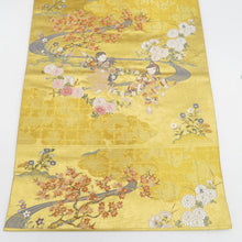 画像をギャラリービューアに読み込む, 袋帯 金糸 ゴールド系 ながしま帯 童子に四季花紋様 金色ｘ多色 六通柄 正絹 仕立て上がり 長さ448cm