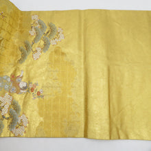 画像をギャラリービューアに読み込む, 袋帯 金糸 ゴールド系 ながしま帯 童子に四季花紋様 金色ｘ多色 六通柄 正絹 仕立て上がり 長さ448cm