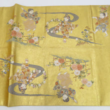 画像をギャラリービューアに読み込む, 袋帯 金糸 ゴールド系 ながしま帯 童子に四季花紋様 金色ｘ多色 六通柄 正絹 仕立て上がり 長さ448cm