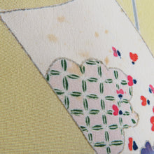 画像をギャラリービューアに読み込む, 付下げ 袷 辛子色ｘオレンジ色ｘ多色 冊紙に熨斗と花々紋様 広衿 正絹 仕立て上がり着物 身丈157cm