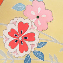 画像をギャラリービューアに読み込む, 付下げ 袷 辛子色ｘオレンジ色ｘ多色 冊紙に熨斗と花々紋様 広衿 正絹 仕立て上がり着物 身丈157cm