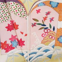 画像をギャラリービューアに読み込む, 付下げ 袷 辛子色ｘオレンジ色ｘ多色 冊紙に熨斗と花々紋様 広衿 正絹 仕立て上がり着物 身丈157cm