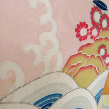 画像をギャラリービューアに読み込む, 付下げ 袷 辛子色ｘオレンジ色ｘ多色 冊紙に熨斗と花々紋様 広衿 正絹 仕立て上がり着物 身丈157cm