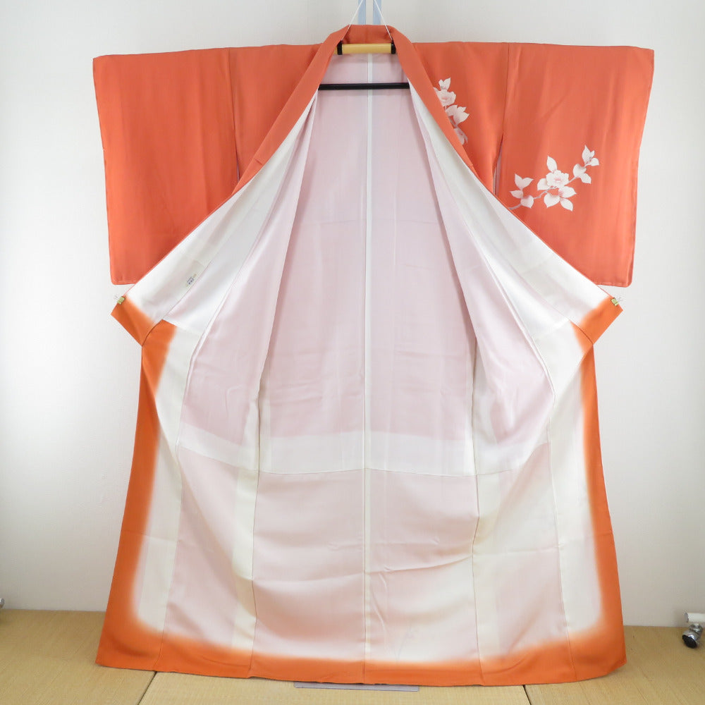 付下げ 袷 オレンジ色x白色 ぼかし染め 刺繍入り 花紋様 広衿 正絹