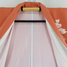 画像をギャラリービューアに読み込む, 付下げ 袷 オレンジ色ｘ白色 ぼかし染め 刺繍入り 花紋様 広衿 正絹 仕立て上がり着物 身丈167cm