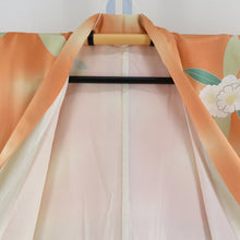 画像をギャラリービューアに読み込む, 付下げ 袷 オレンジ色ｘ緑色ｘ白色 ぼかし染め 花紋様 刺繍入り 広衿 正絹 仕立て上がり着物 身丈160cm