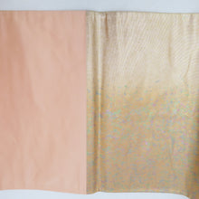画像をギャラリービューアに読み込む, 袋帯 金糸 ゴールド系 薄オレンジ色ｘ多色 パステル系 サーモンオレンジ 箔紋様 六通柄 正絹 仕立て上がり 長さ432cm